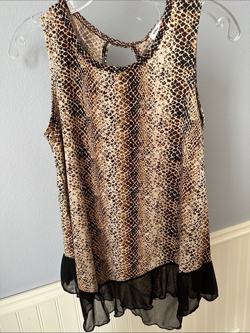 NWOT Star Vixen Brown Snake-Print Tank with Black Chiffon Hem